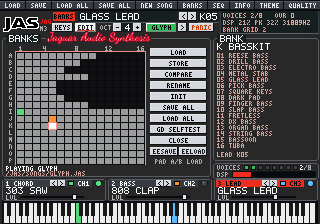 JAS playing live: bank K bass patches listed, voice and DSP meters, piano keys lit