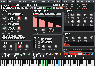 JAS patch editor: OSC, STEP MOD, DCF, LFO, DCA, VEL and OUT panels above the part strip and piano