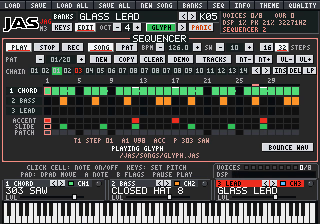 JAS sequencer: a chord, bass and lead pattern playing the GLYPH song, with transport buttons and BOUNCE WAV