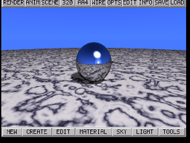 JTRACE render: a chrome sphere reflecting a blue sky above a grey marble-textured floor