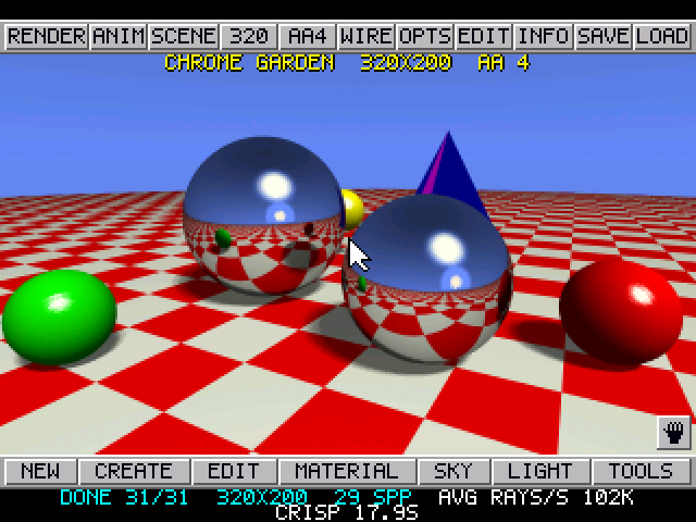 JTRACE classic scene Chrome Garden: chrome, green and red spheres and a blue pyramid on a red and white checker floor