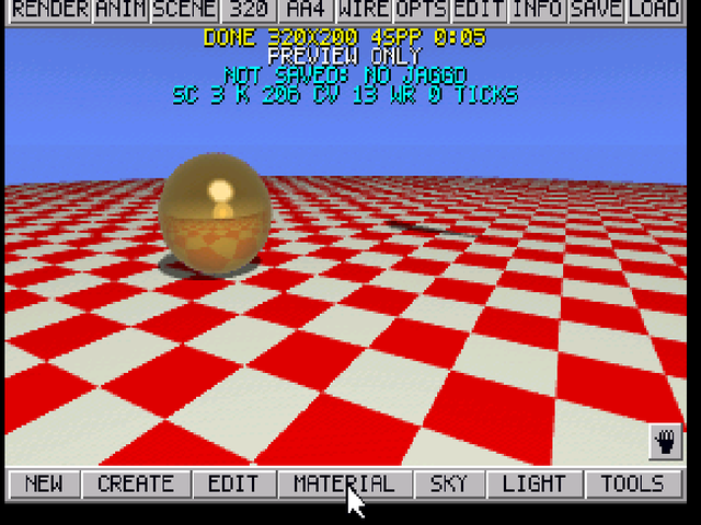 JTRACE render: a single gold sphere on a red and white checker floor under a blue sky