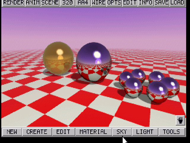 JTRACE render: a gold sphere, a chrome sphere and a ring of chrome spheres on a red and white checker floor under a dusk sky with horizon haze