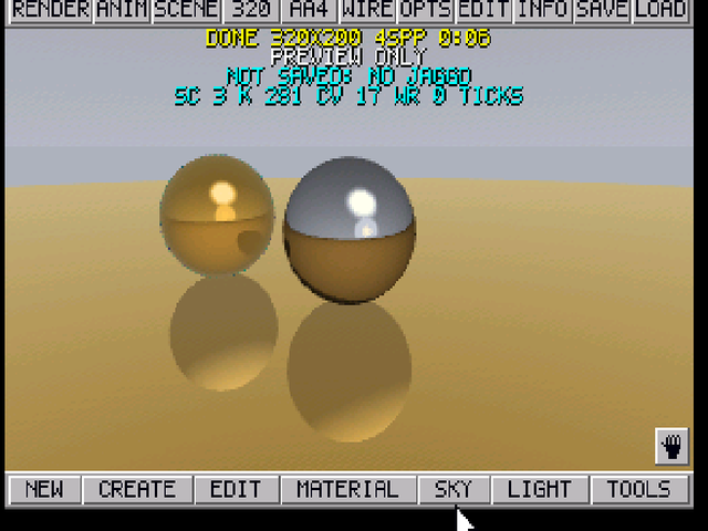 JTRACE render: a gold sphere beside a chrome sphere, both reflected in a gold floor under a grey sky