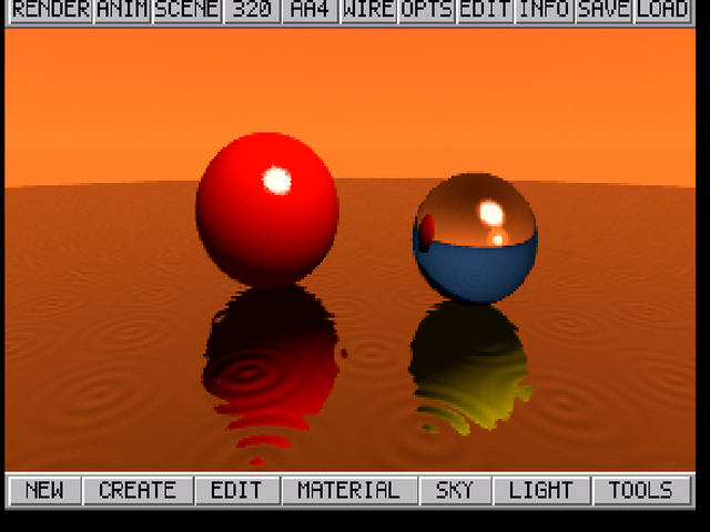 JTRACE render: a red sphere and a chrome and blue sphere reflected in a rippling orange floor under an orange sky