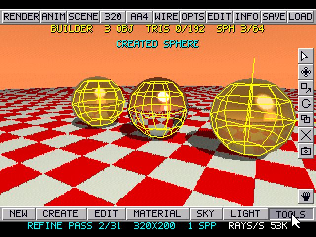 JTRACE builder with three gold spheres on a red and white checker floor under a sunset sky, the tool menu open down the right edge