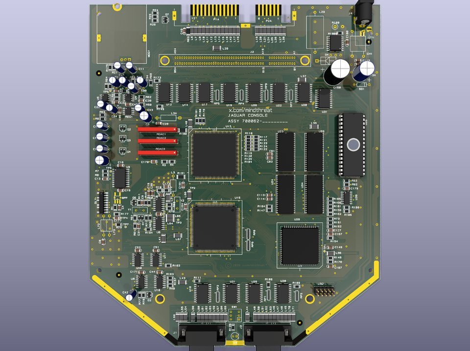 Top-down 3D render of the populated Console II recreation board, rev 7, with the Tom and Jerry chips, DRAM and cartridge slot