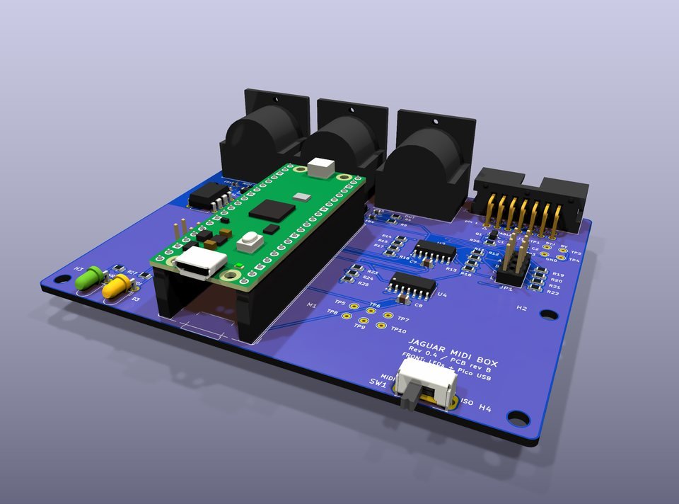 3D render of the JAS MIDI box PCB, rev 0.4.4: a blue board with three MIDI DIN sockets, a microcontroller module and a ribbon header