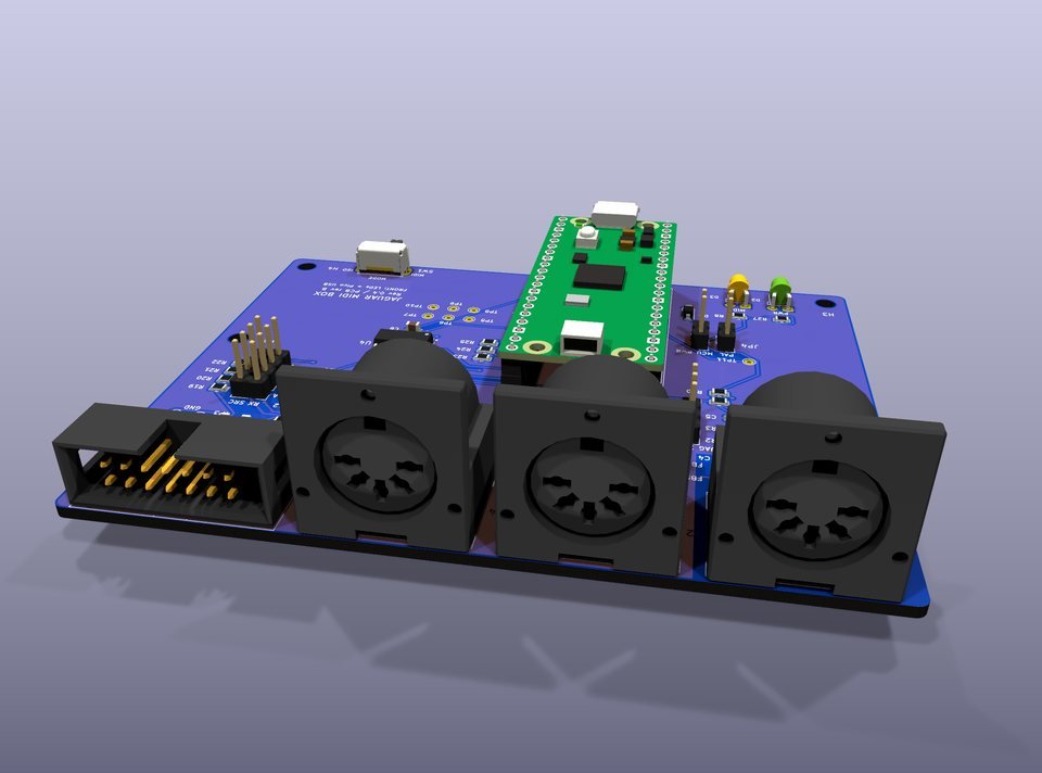 Rear view render of the MIDI box PCB showing the three MIDI sockets and the ribbon header