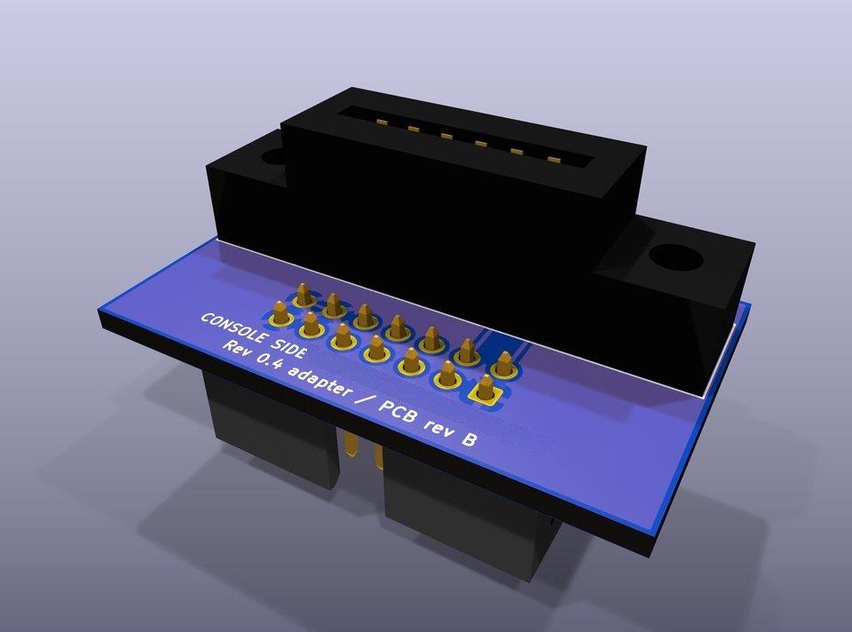 Render of the DSP-port adapter: a small blue board with the console-side edge connector and a cable socket