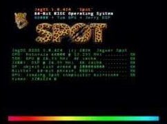 Video still: the JagOS boot screen with the leopard-print SPOT logo