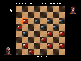 Jaguar JagCHECK over JagNET: KidZero (YOU) VS AtariDude (RED), a checkers board mid-game with both player portraits and YOUR MOVE