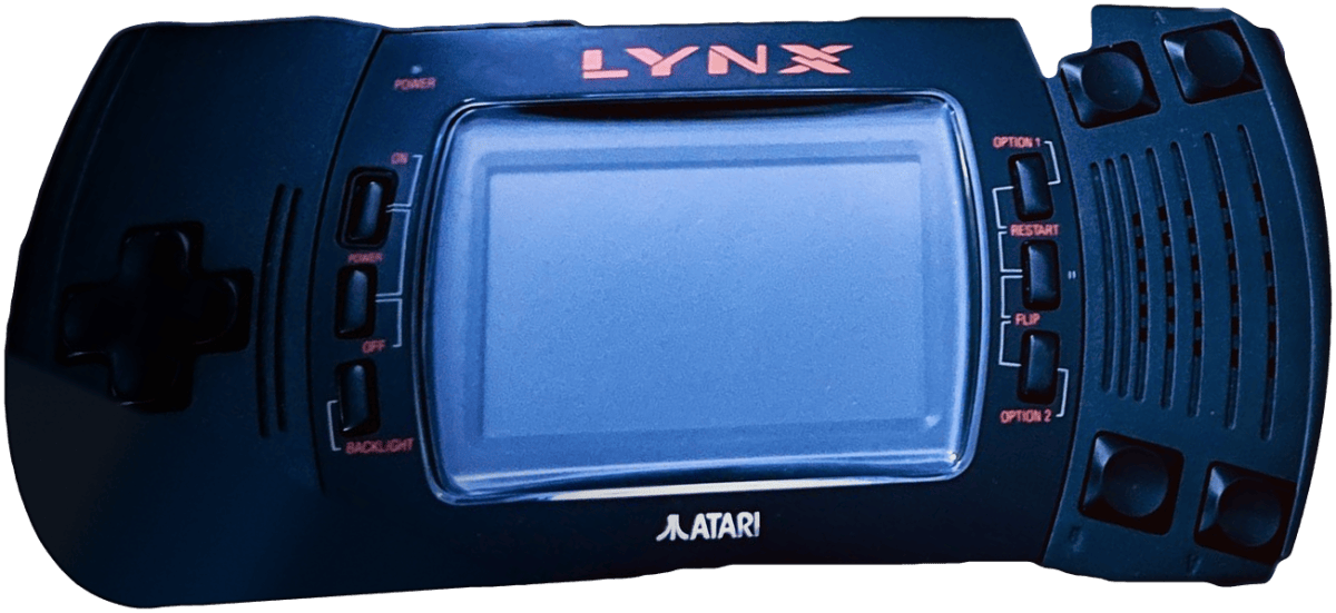 A real Atari Lynx handheld, cut out from a photo, with LYNX CHECK running on its screen