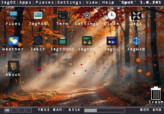 JagOS desktop with an autumn forest wallpaper and app icons