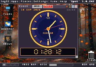 Clock app with an analog JAGUAR clock face and a digital readout 01:28:12