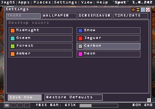 Settings window, Theme tab, listing desktop colours Midnight, Ocean, Forest, Amber, Snow, Jaguar, Carbon and Neon