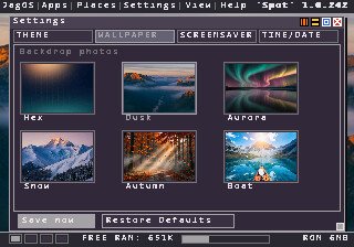 Settings window, Wallpaper tab, with six desktop photos to choose from