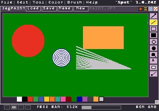 JagPAINT with a red circle, orange rectangle and line shapes on a green canvas