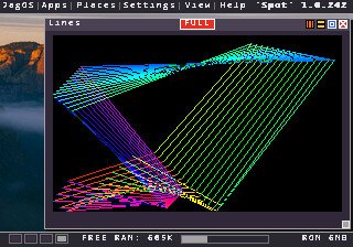 Lines demo drawing a rainbow wireframe pattern in a window on the JagOS desktop
