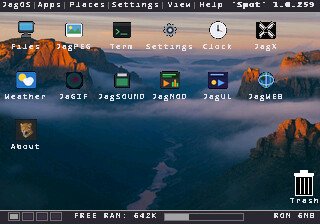 JagOS desktop: menu bar reading JagOS, Apps, Places, Settings, View, Help and Spot 1.0.259, a misty canyon wallpaper, app icons, and a status bar showing free RAM 642K and ROM 6MB