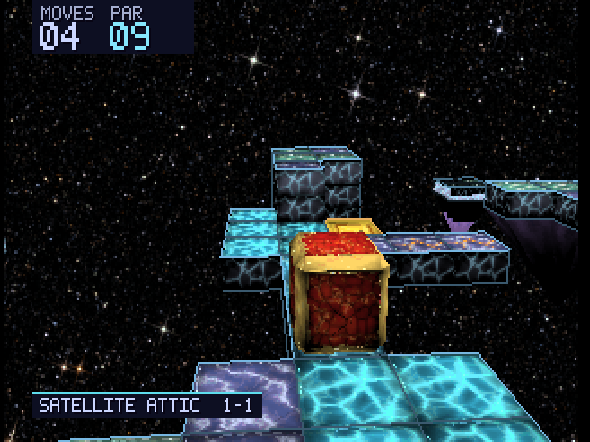 2DIE4 gameplay, World 1 level 1-1 Satellite Attic: a red and gold cube on glowing cyan tiles floating in a deep starfield, moves 04 and par 09 top left