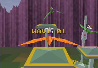 DACTYL: WAVE 01 begins, the player on an orange pterodactyl with green riders circling