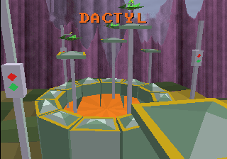 DACTYL title screen: floating 3D platforms above the arena