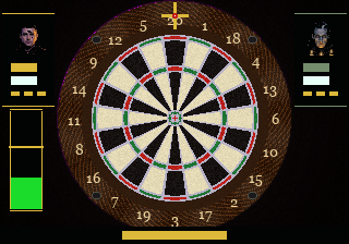 DarkDarts gameplay: aiming crosshair over the dartboard with the green throw-power meter on the left