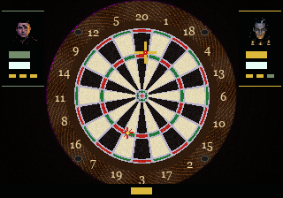 DarkDarts gameplay: a dart stuck in the board after a throw, player portraits and scores at the sides