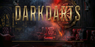 DarkDarts title screen: gold DARKDARTS lettering over a smoky gothic darts parlor with a dartboard and red leather chairs