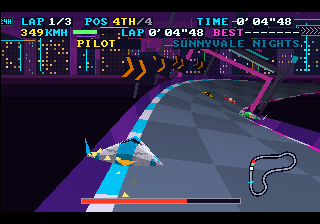 Hakkr Trakkr race: the player's ship banking into a neon curve, lap, position and speed readouts on top