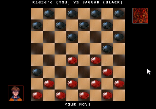 JagCHECK in-game board: KidZero (you, red) versus the Jaguar (black) a few moves into a game, YOUR MOVE prompt