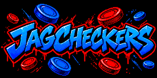 JagCheckers title art: blue graffiti lettering with red and blue checkers pieces and red drips