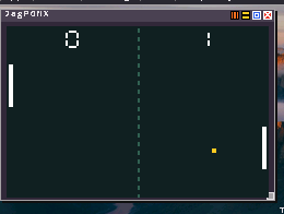 JagPONX running in a JagOS window: two paddles, a dashed centre line and the score 0 to 1