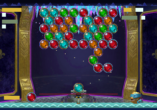 Mister Buster gameplay: rows of coloured bubbles hanging under icicles between golden pillars, the launcher at the bottom