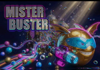 Mister Buster title screen: a grinning gold robot ball with a bubble blaster in a rainbow of bubbles
