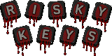 Risky Keys title logo: RISKY KEYS on tilted gray keycaps with red fingerprints and dripping blood